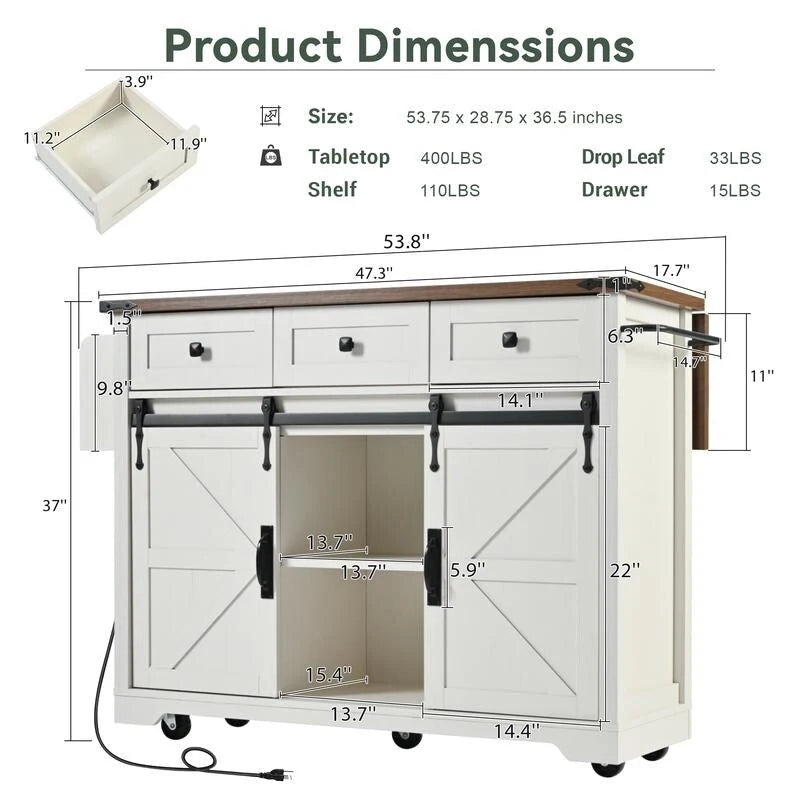 Farmhouse Kitchen Island with Power Outlet and Drop Leaf