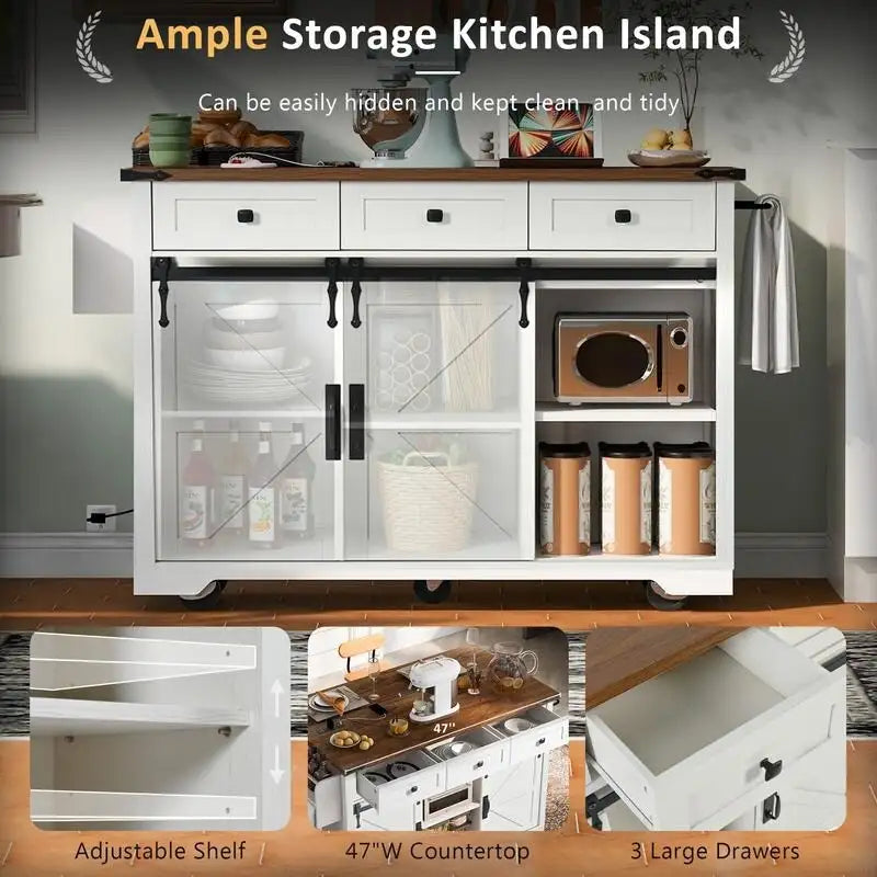 Farmhouse Kitchen Island with Power Outlet and Drop Leaf