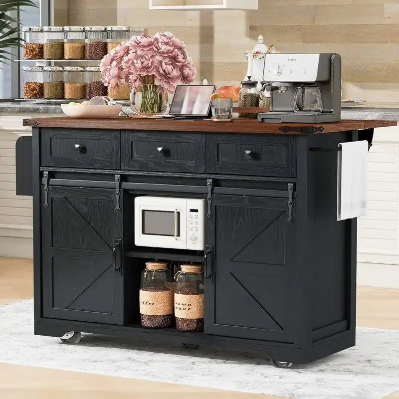 Farmhouse Kitchen Island with Power Outlet and Drop Leaf