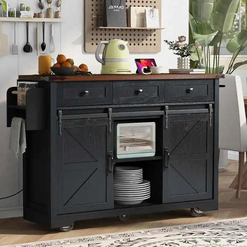 Farmhouse Kitchen Island with Power Outlet and Drop Leaf