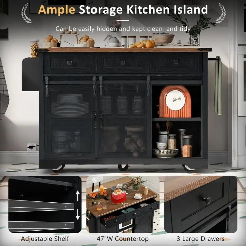 Farmhouse Kitchen Island with Power Outlet and Drop Leaf