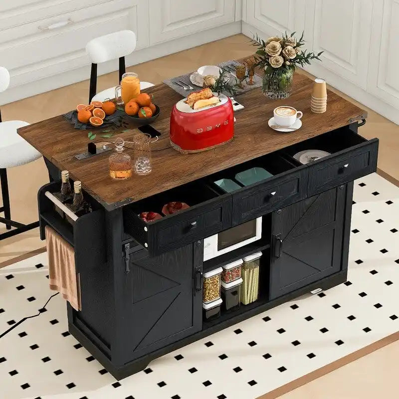 Farmhouse Kitchen Island with Power Outlet and Drop Leaf