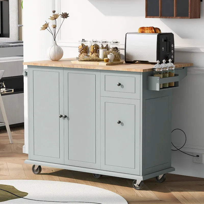 Kitchen Island with Drop Leaf, 53.9" Width Rolling Kitchen Cart on Wheels with Internal Storage Rack