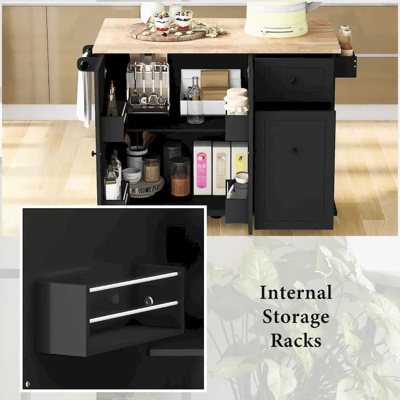 Kitchen Island with Drop Leaf, 53.9" Width Rolling Kitchen Cart on Wheels with Internal Storage Rack