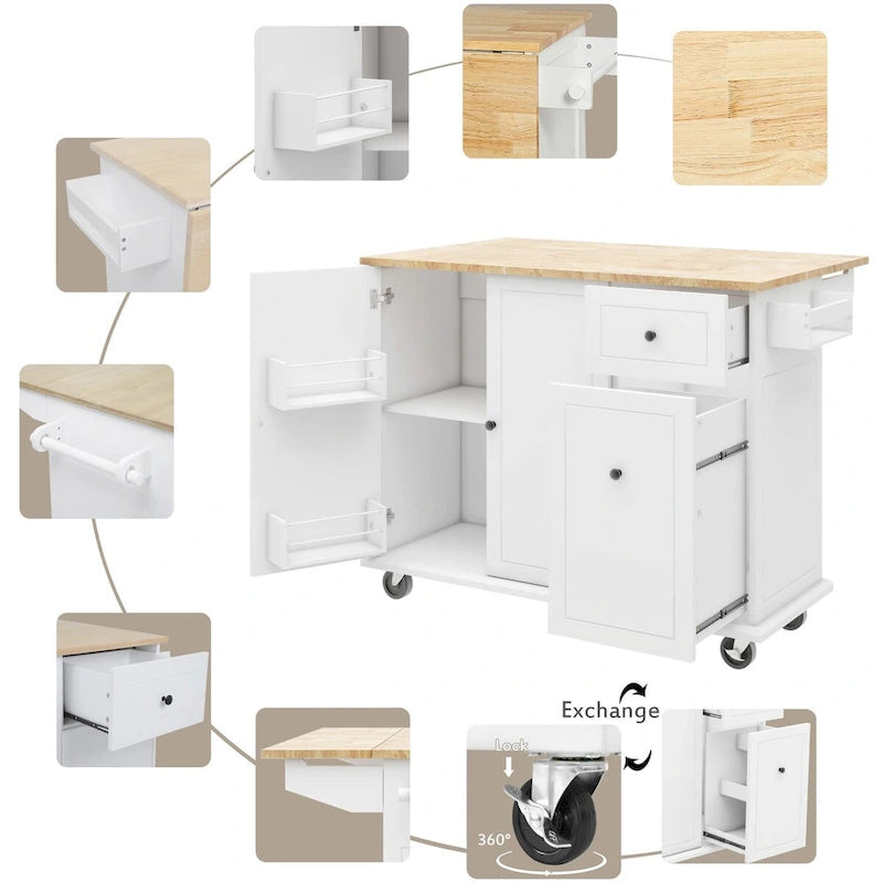 Kitchen Island with Drop Leaf, 53.9" Width Rolling Kitchen Cart on Wheels with Internal Storage Rack