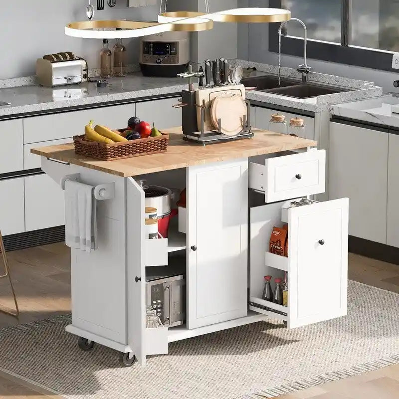 Kitchen Island with Drop Leaf and Rolling Casters, Internal Storage Rack