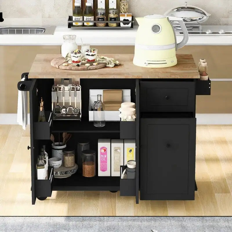 Kitchen Island with Drop Leaf and Rolling Casters, Internal Storage Rack