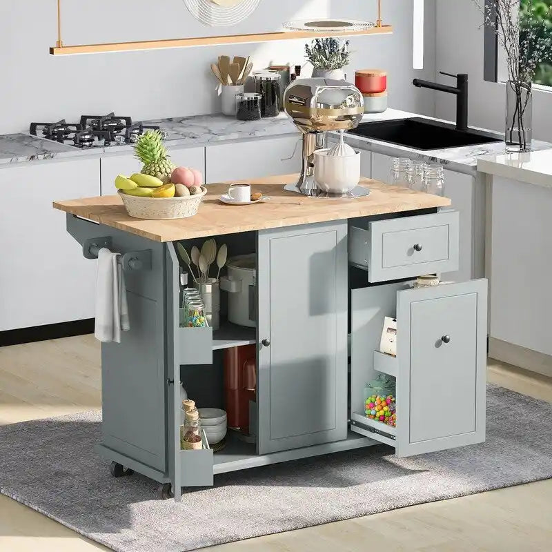 Kitchen Island with Drop Leaf and Rolling Casters, Internal Storage Rack