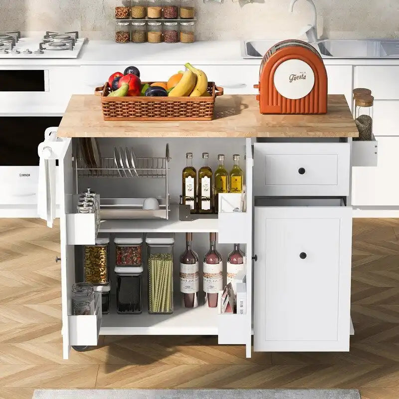Kitchen Island with Drop Leaf and Rolling Casters, Internal Storage Rack