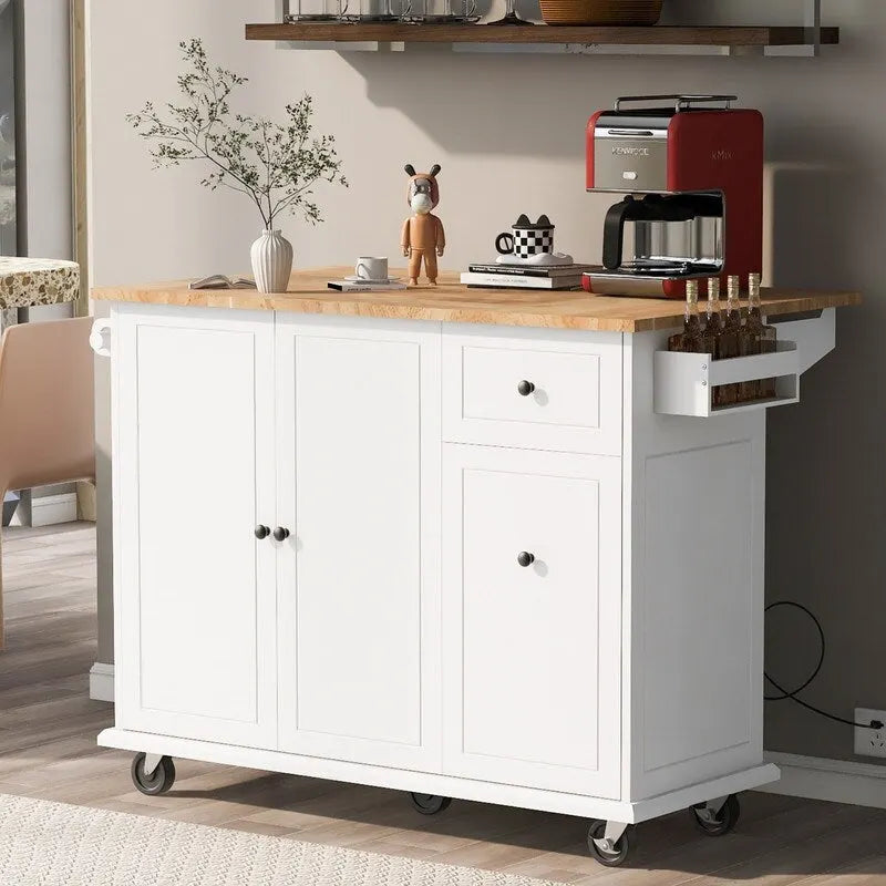 Kitchen Island with Drop Leaf and Rolling Casters, Internal Storage Rack
