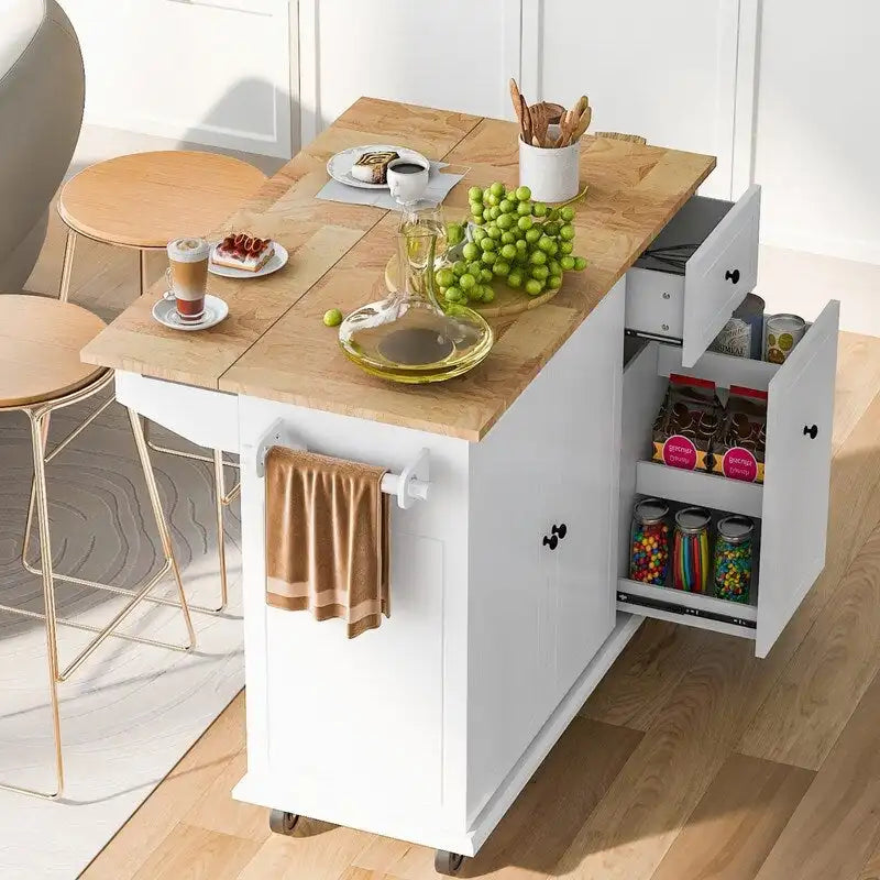Kitchen Island with Drop Leaf and Rolling Casters, Internal Storage Rack