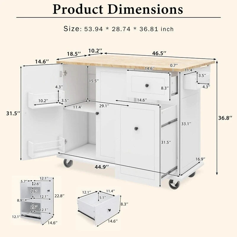 Kitchen Island with Drop Leaf and Rolling Casters, Internal Storage Rack