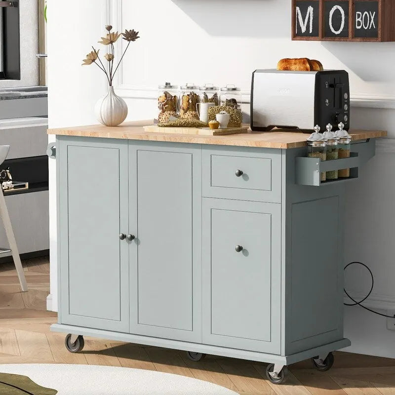 Kitchen Island with Drop Leaf and Rolling Casters, Internal Storage Rack