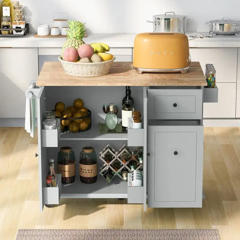 Kitchen Island with Drop Leaf and Rolling Casters, Internal Storage Rack