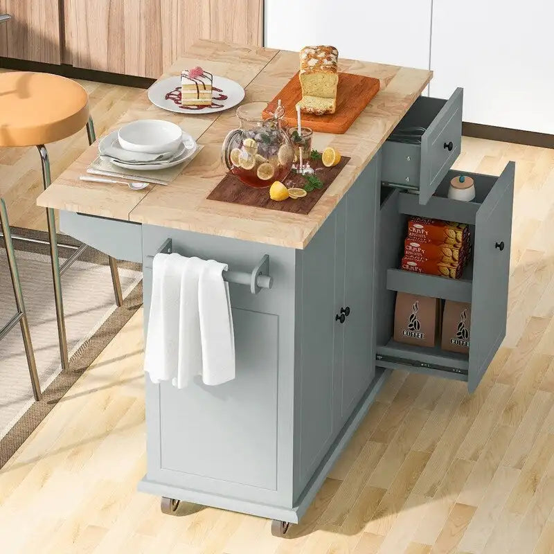 Kitchen Island with Drop Leaf and Rolling Casters, Internal Storage Rack
