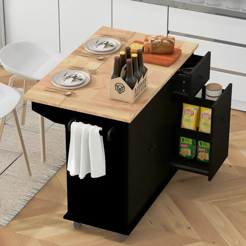 Kitchen Island with Drop Leaf and Rolling Casters, Internal Storage Rack