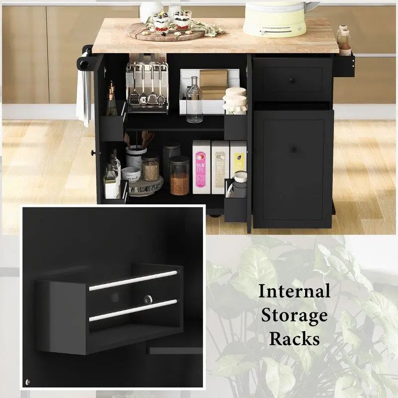 Kitchen Island with Drop Leaf and Rolling Casters, Internal Storage Rack