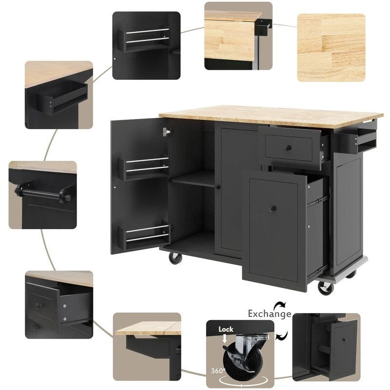 Kitchen Island with Drop Leaf and Rolling Casters, Internal Storage Rack