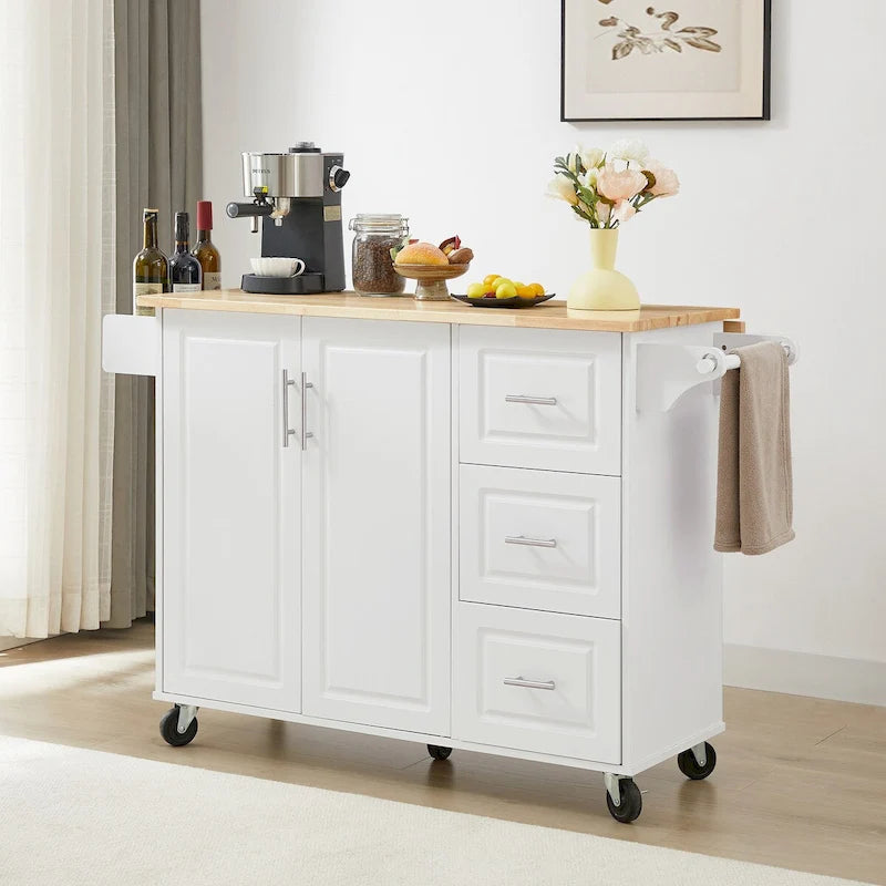 Rolling Kitchen Island with Drop Leaf Countertop and Storage Cabinet