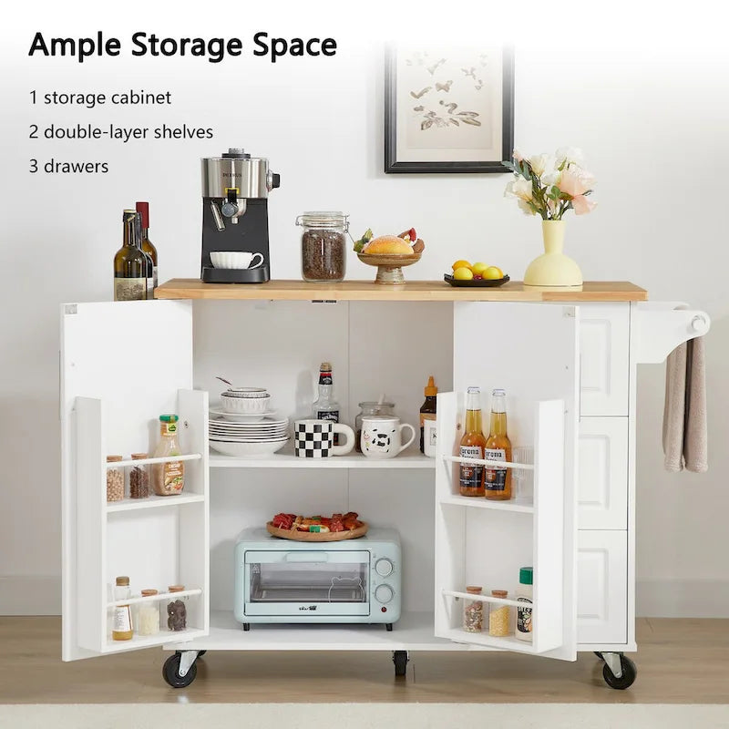 Rolling Kitchen Island with Drop Leaf Countertop and Storage Cabinet
