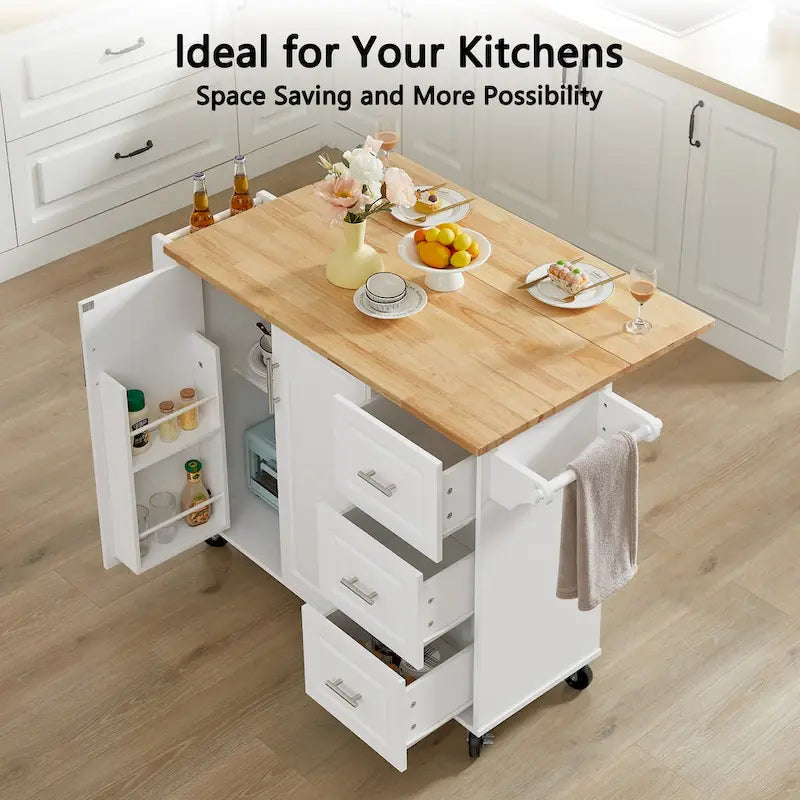 Rolling Kitchen Island with Drop Leaf Countertop and Storage Cabinet