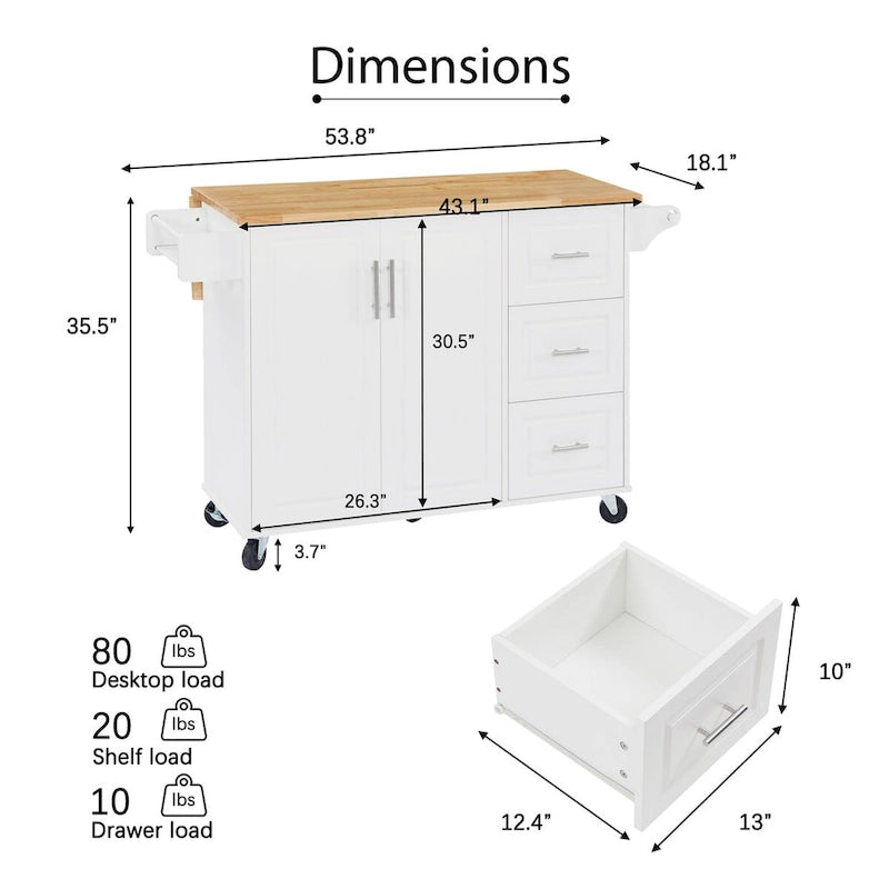Rolling Kitchen Island with Drop Leaf Countertop and Storage Cabinet