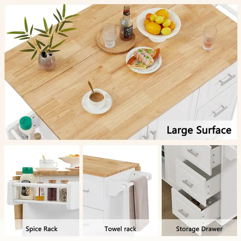 Rolling Kitchen Island with Drop Leaf Countertop and Storage Cabinet