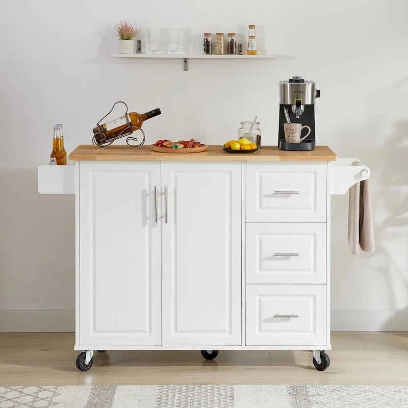 Rolling Kitchen Island with Drop Leaf Countertop and Storage Cabinet