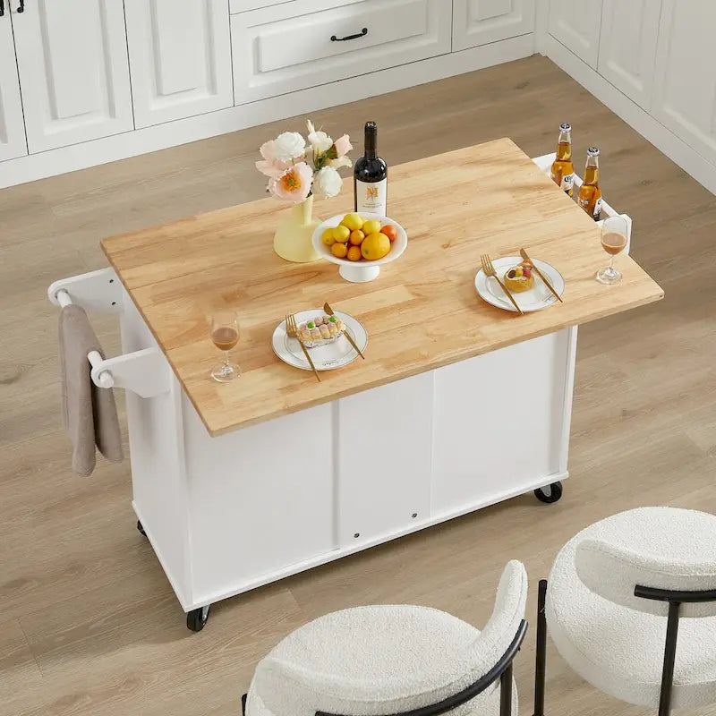 Rolling Kitchen Island with Drop Leaf Countertop and Storage Cabinet
