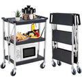 Foldable Utility Black 3-Tier Service Cart with Wheels Lockable