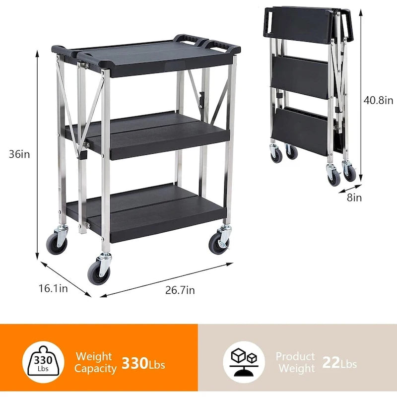 Foldable Utility Black 3-Tier Service Cart with Wheels Lockable