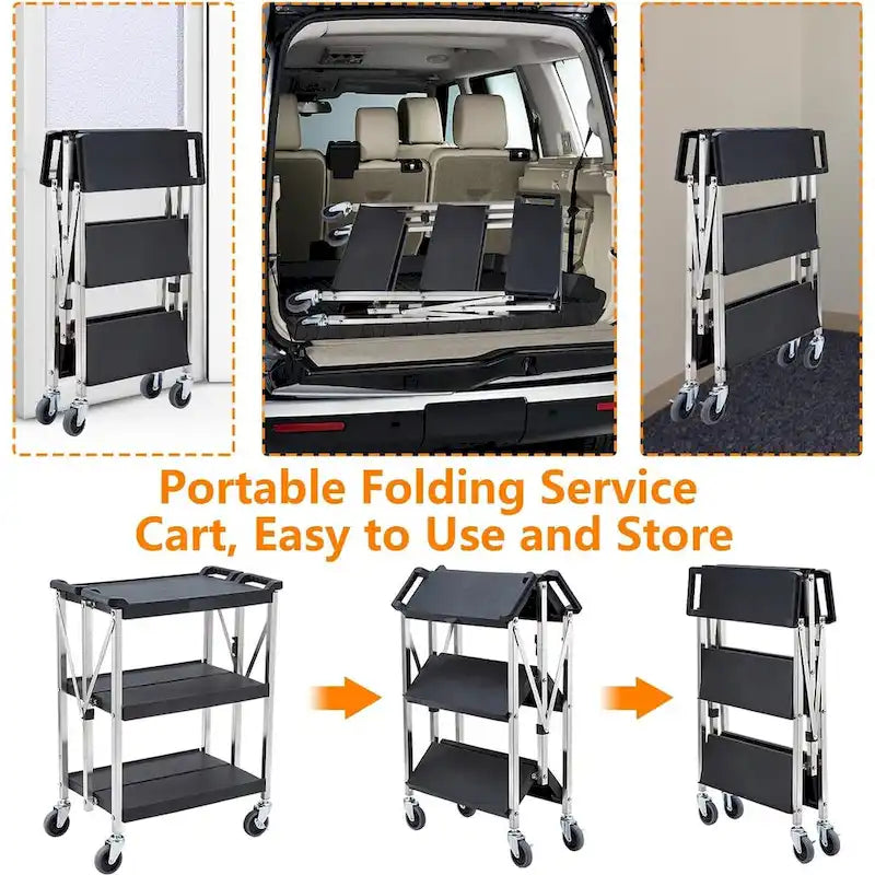 Foldable Utility Black 3-Tier Service Cart with Wheels Lockable