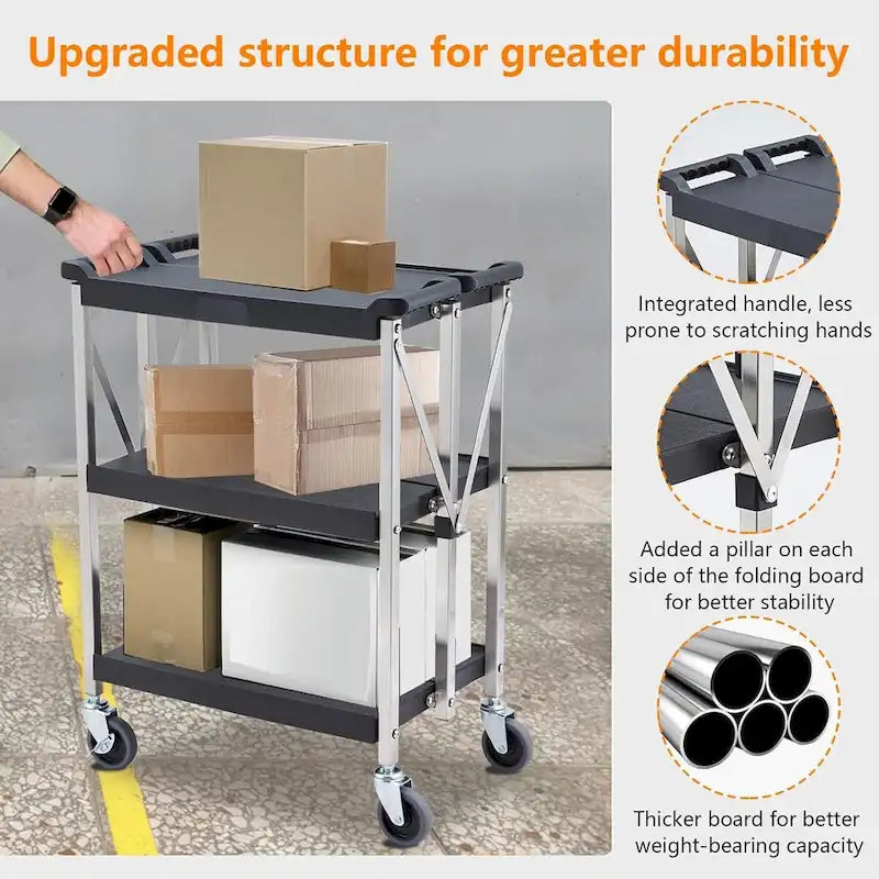 Foldable Utility Black 3-Tier Service Cart with Wheels Lockable