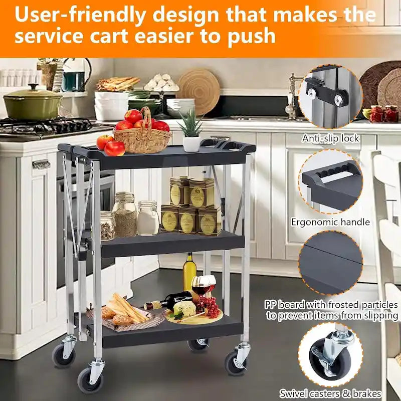 Foldable Utility Black 3-Tier Service Cart with Wheels Lockable