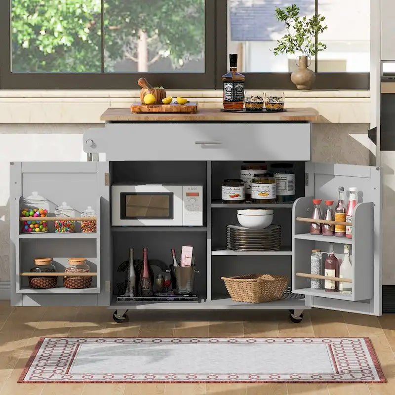 Rolling Kitchen Island with Divider and Internal Storage Rack
