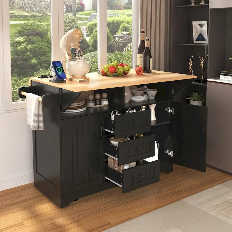 55.7" Kitchen Island with Drop Leaves, Rolling Cart with Power Outlet, Spice Rack, and 3 Drawers