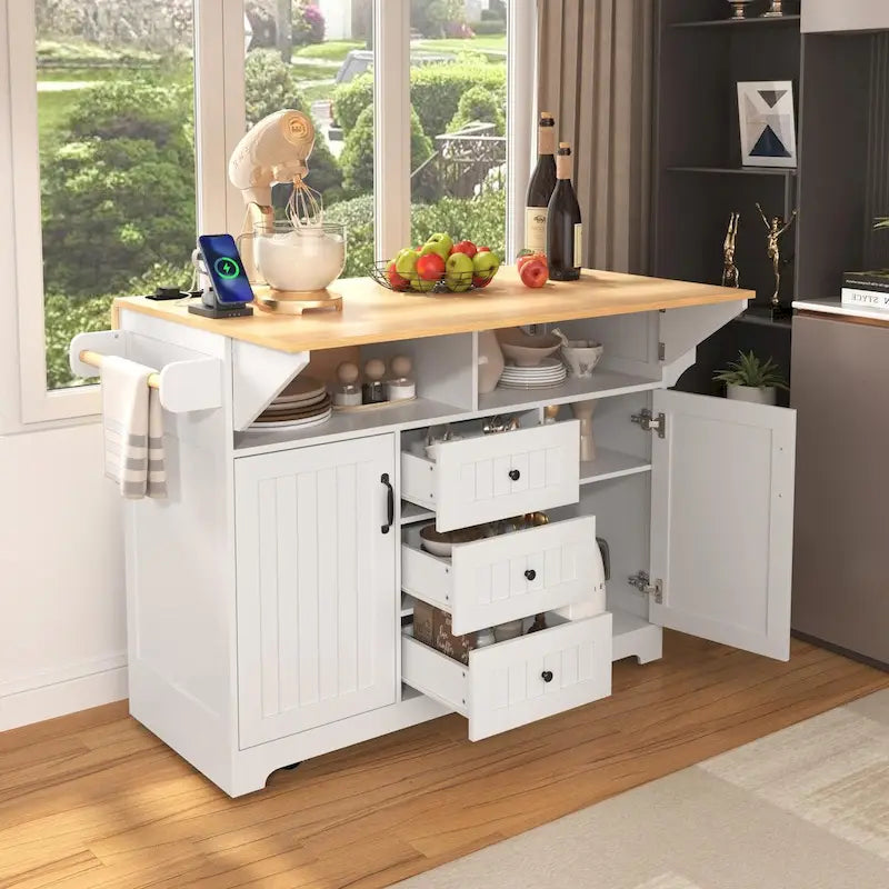 55.7" Kitchen Island with Drop Leaves, Rolling Cart with Power Outlet, Spice Rack, and 3 Drawers