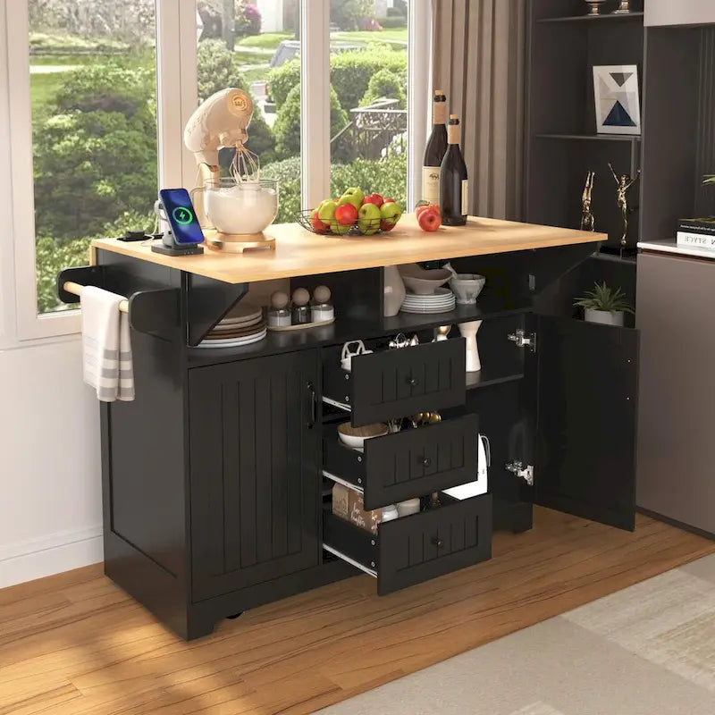 55.7" Kitchen Island with Drop Leaves, Rolling Cart with Power Outlet, Spice Rack, and 3 Drawers