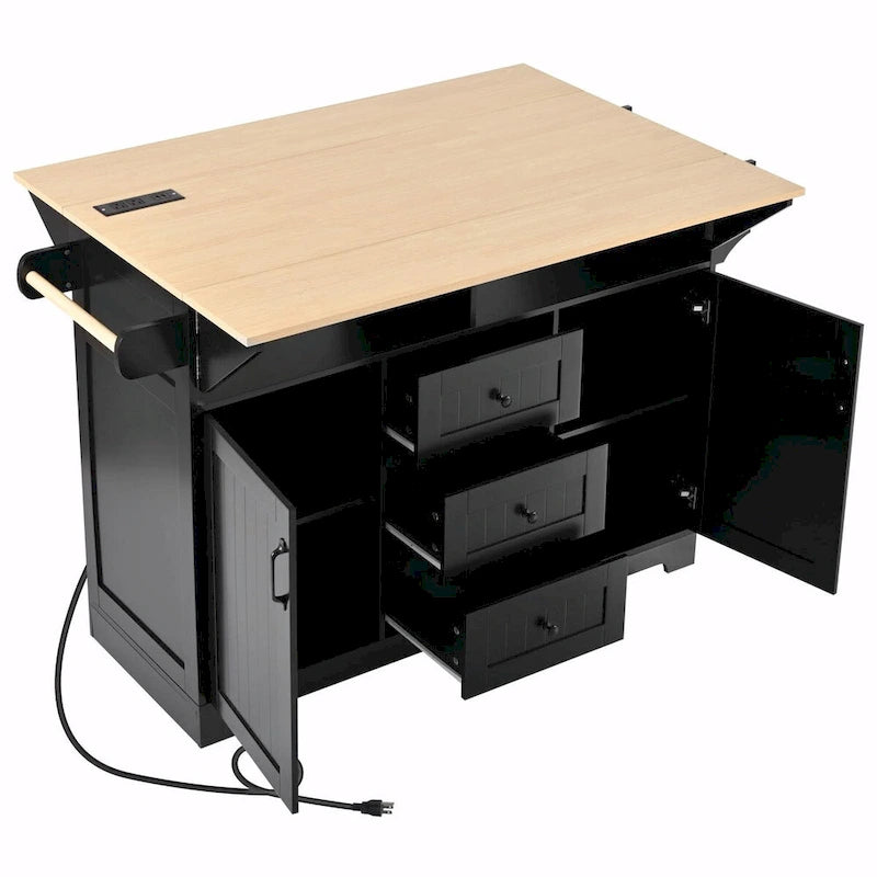 55.7" Kitchen Island with Drop Leaves, Rolling Cart with Power Outlet, Spice Rack, and 3 Drawers