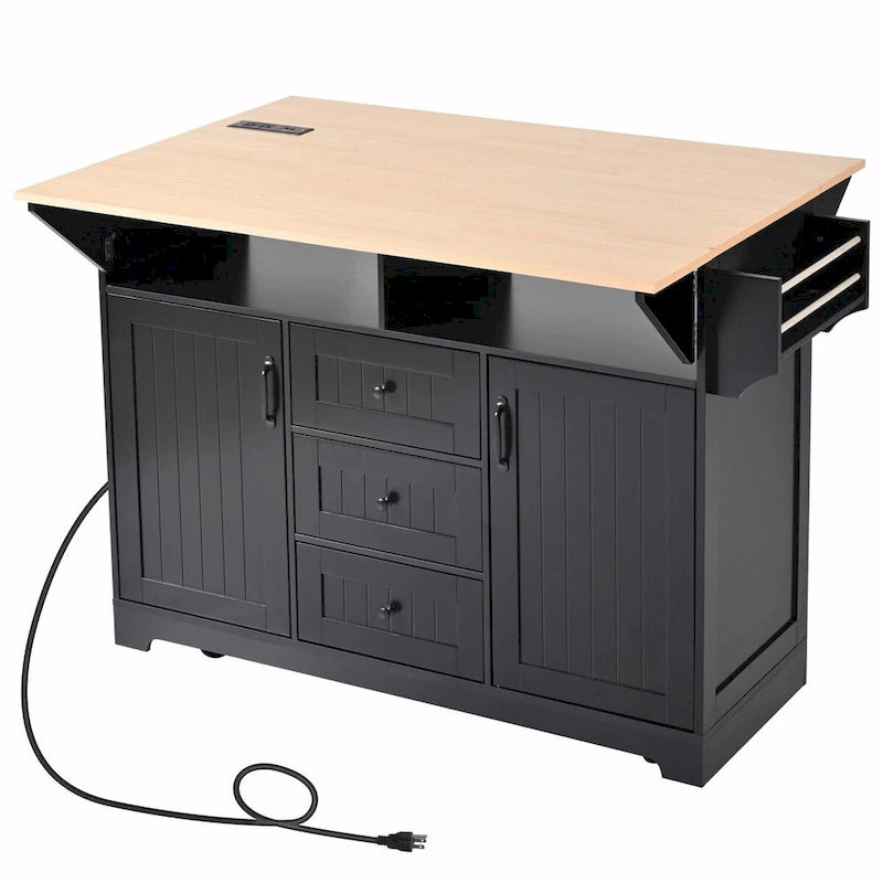 55.7" Kitchen Island with Drop Leaves, Rolling Cart with Power Outlet, Spice Rack, and 3 Drawers