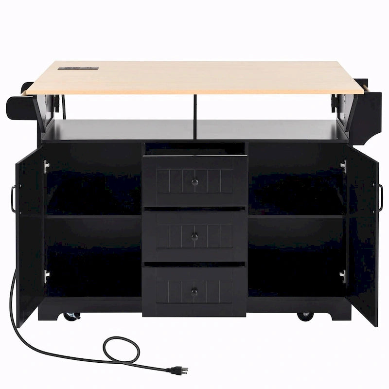 55.7" Kitchen Island with Drop Leaves, Rolling Cart with Power Outlet, Spice Rack, and 3 Drawers