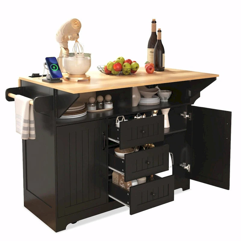 55.7" Kitchen Island with Drop Leaves, Rolling Cart with Power Outlet, Spice Rack, and 3 Drawers