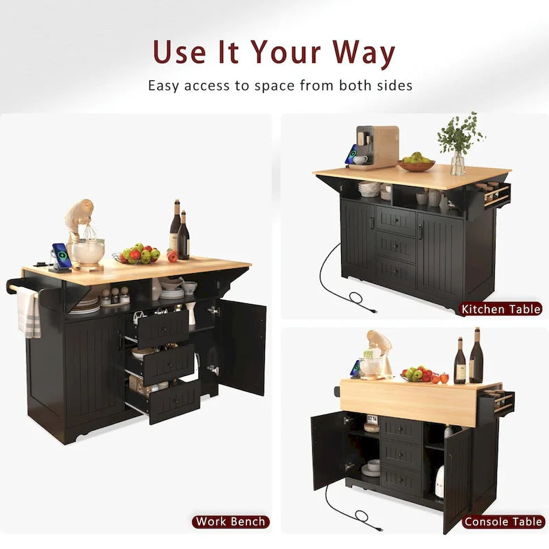 55.7" Kitchen Island with Drop Leaves, Rolling Cart with Power Outlet, Spice Rack, and 3 Drawers