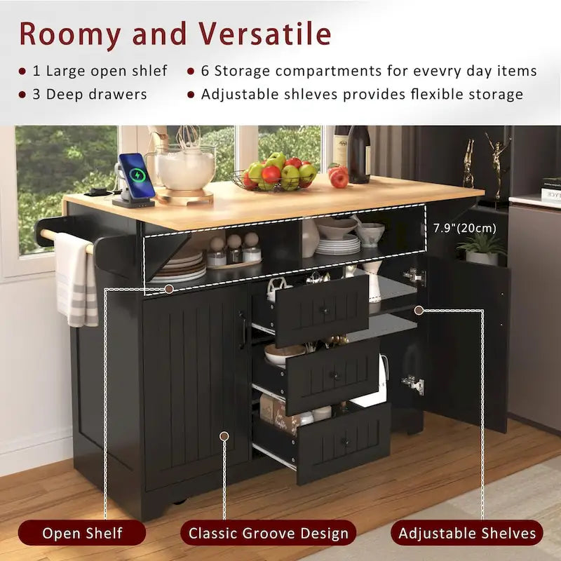 55.7" Kitchen Island with Drop Leaves, Rolling Cart with Power Outlet, Spice Rack, and 3 Drawers