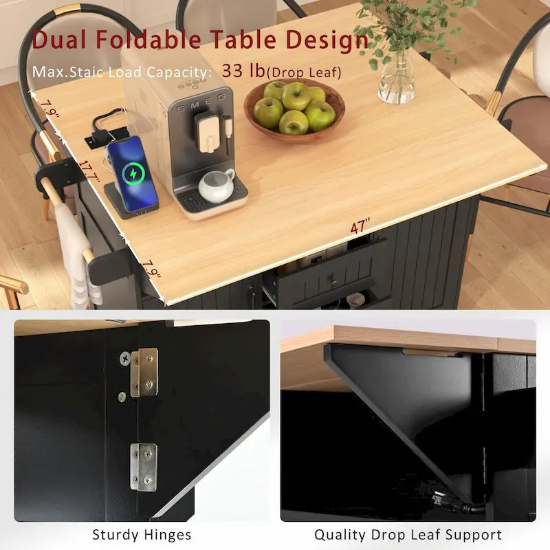 55.7" Kitchen Island with Drop Leaves, Rolling Cart with Power Outlet, Spice Rack, and 3 Drawers