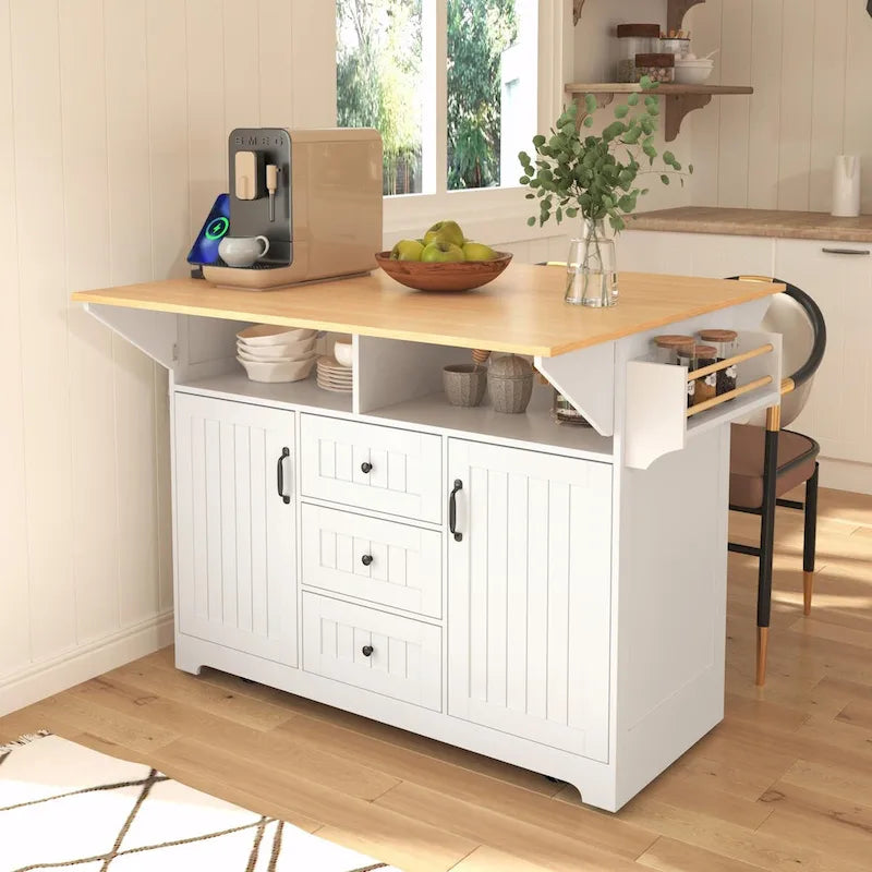 55.7" Kitchen Island with Drop Leaves, Rolling Cart with Power Outlet, Spice Rack, and 3 Drawers
