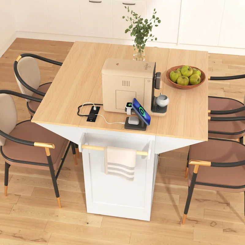 55.7" Kitchen Island with Drop Leaves, Rolling Cart with Power Outlet, Spice Rack, and 3 Drawers