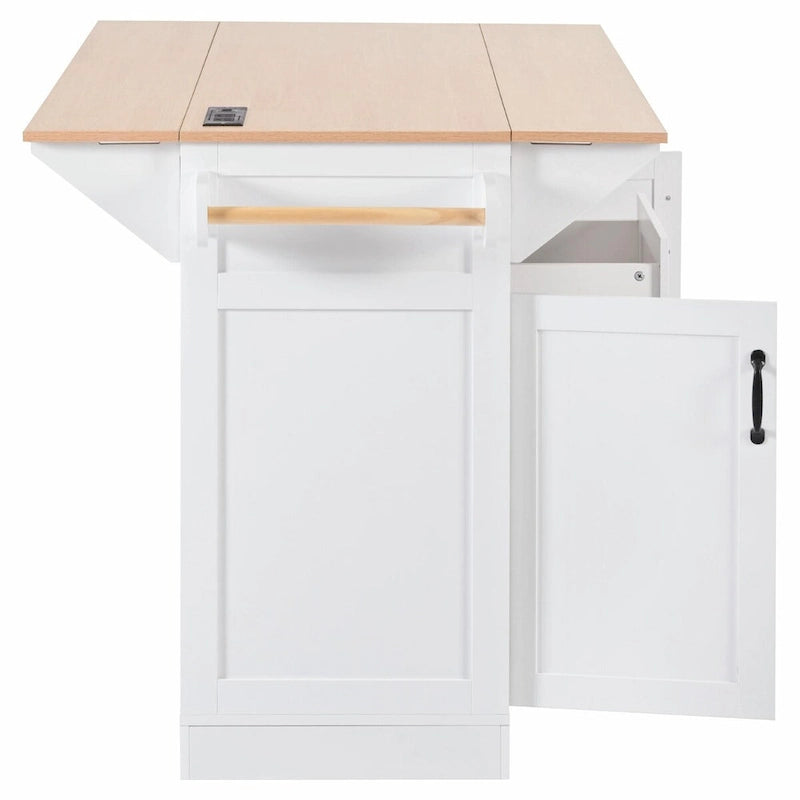 55.7" Kitchen Island with Drop Leaves, Rolling Cart with Power Outlet, Spice Rack, and 3 Drawers