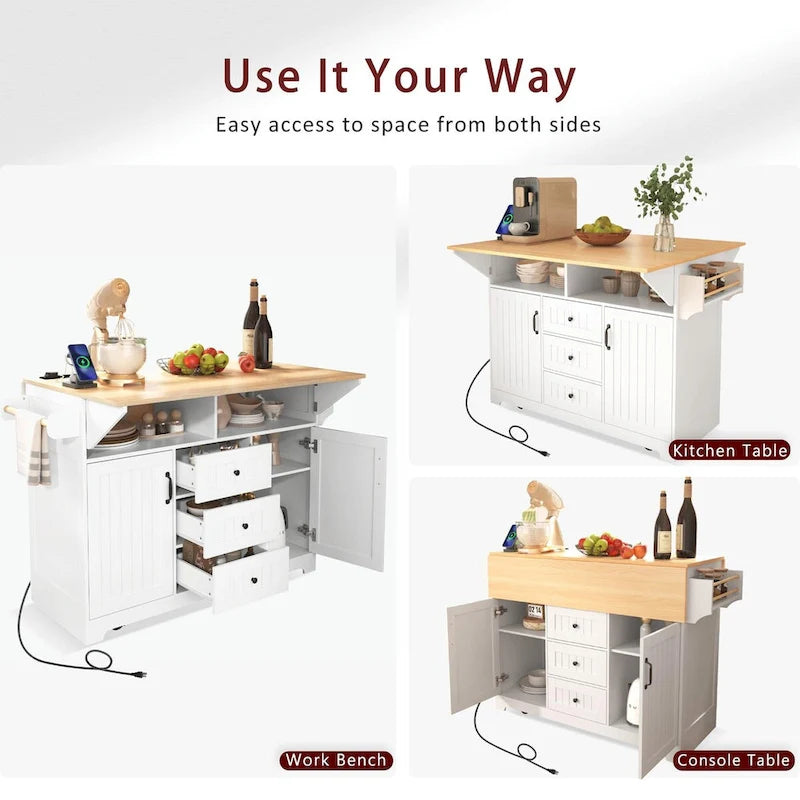 55.7" Kitchen Island with Drop Leaves, Rolling Cart with Power Outlet, Spice Rack, and 3 Drawers