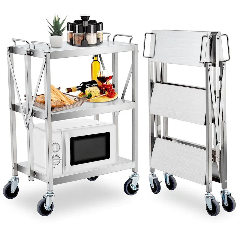Foldable Utility Silver 3-Tier Service Cart with Wheels Lockable